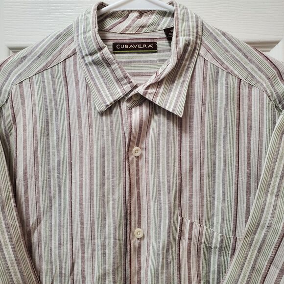 Cubavera Linen Striped Shirt Men XL Green Brown Tan Vertical Cuffed Short Sleeve - Picture 1 of 4